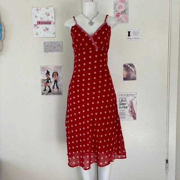 Vera Moda 90s Red Polka Dot Lace Trim Midi Slip Dress Small - Picture 6 of 7